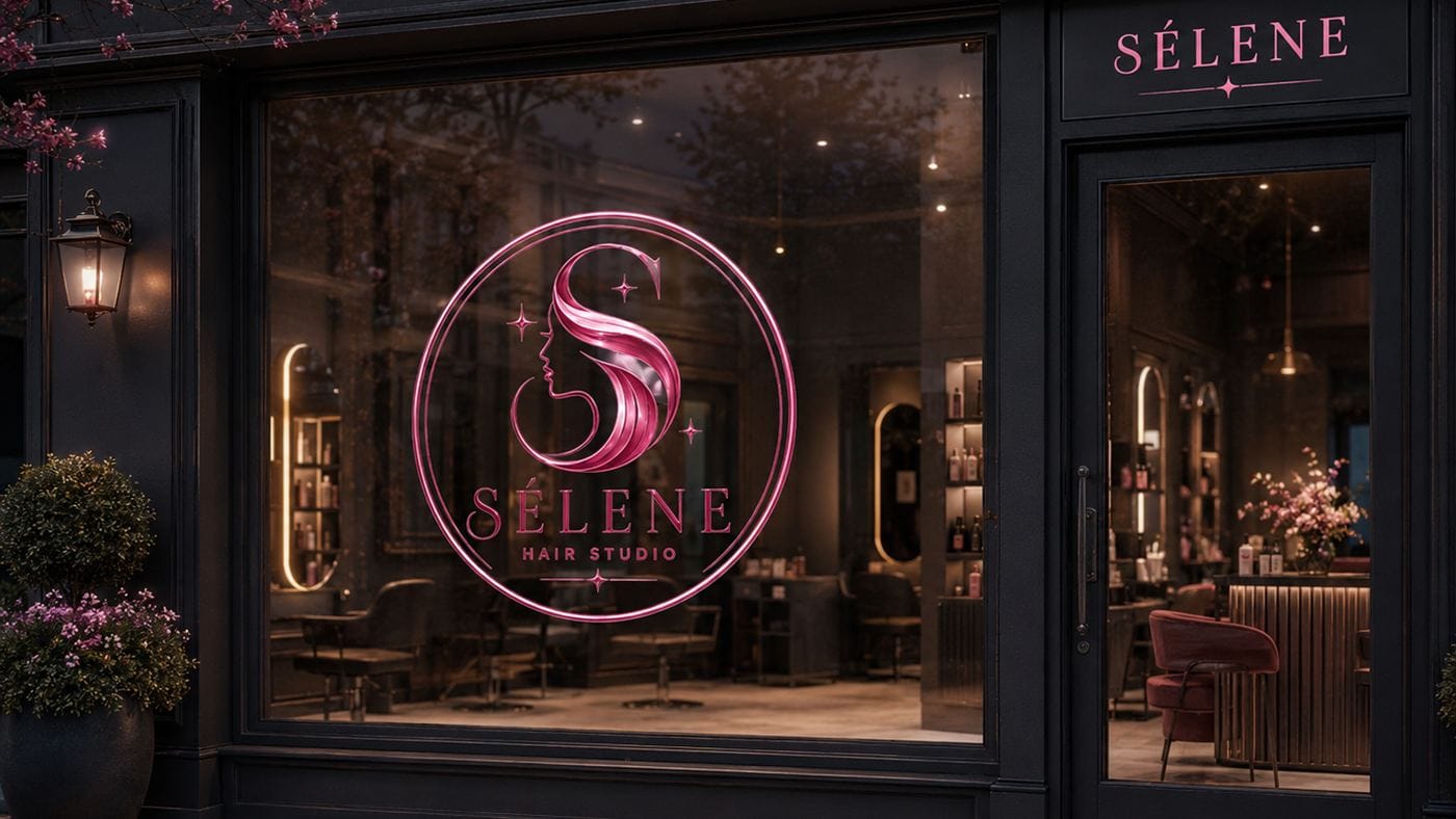 Witryna salonu Sélene po zmroku, z podświetlonym logo na szybie i widocznym wnętrzem
